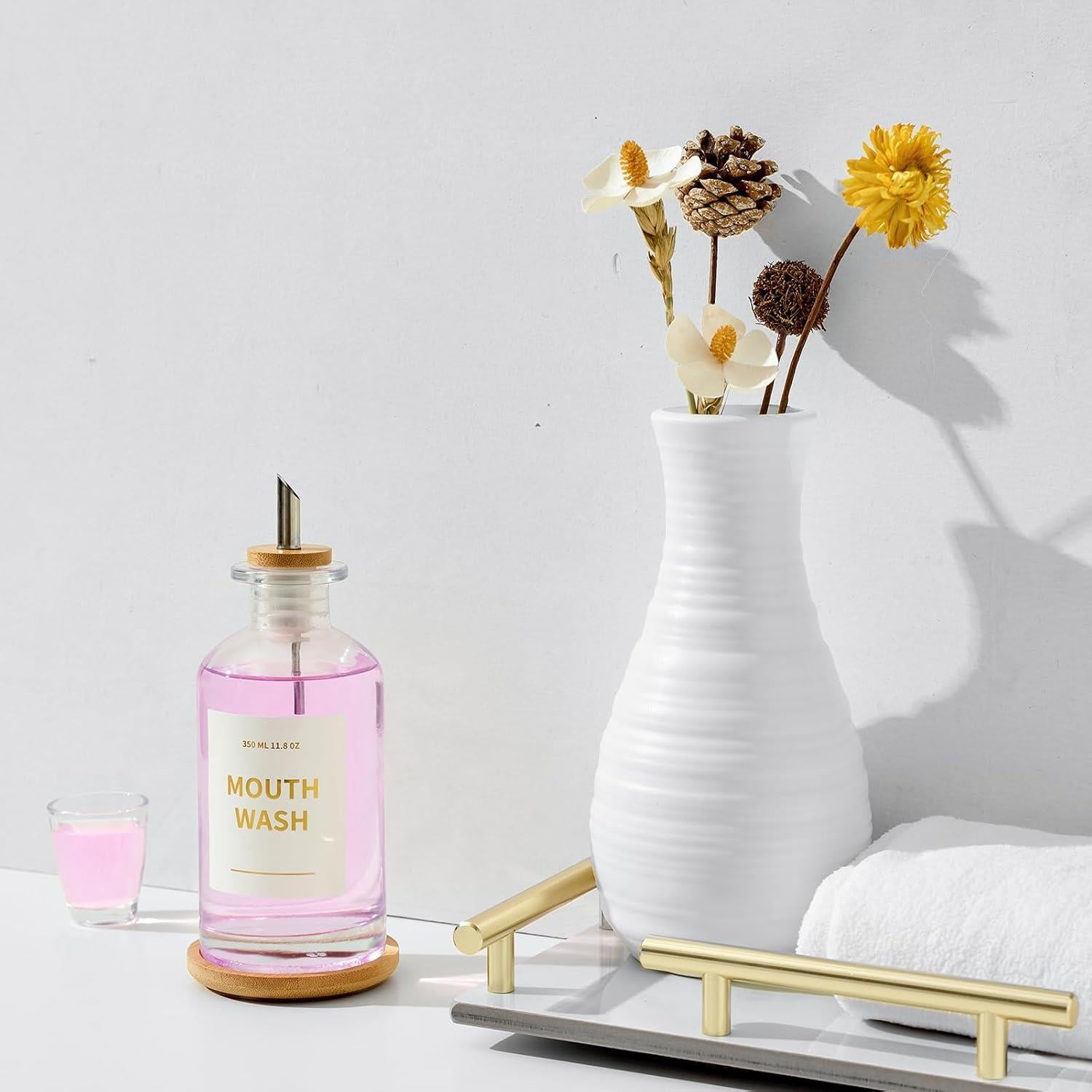 Glass Mouthwash Dispenser for Bathroom, 11 8oz Mouthwash Holder with Stianless Steel Spouts, Mouthwash Decanter with Holder, Refillable Cups, Reusable Funnel, Golden Stickers