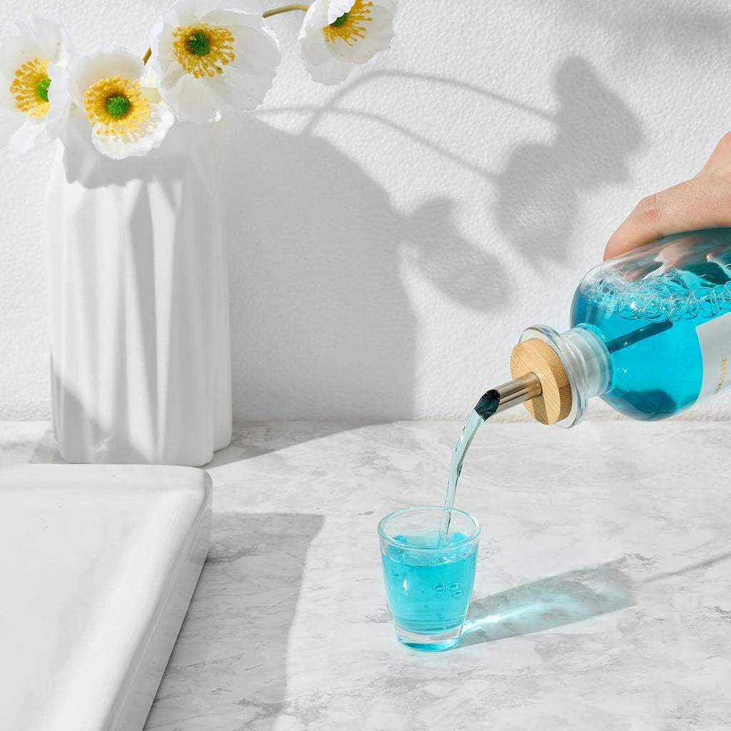 Glass Mouthwash Dispenser for Bathroom, 11 8oz Mouthwash Holder with Stianless Steel Spouts, Mouthwash Decanter with Holder, Refillable Cups, Reusable Funnel, Golden Stickers