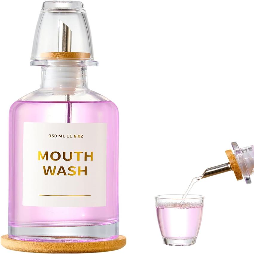 Glass Mouthwash Dispenser for Bathroom, 11 8oz Mouthwash Holder with Stianless Steel Spouts, Mouthwash Decanter with Holder, Refillable Cups, Reusable Funnel, Golden Stickers