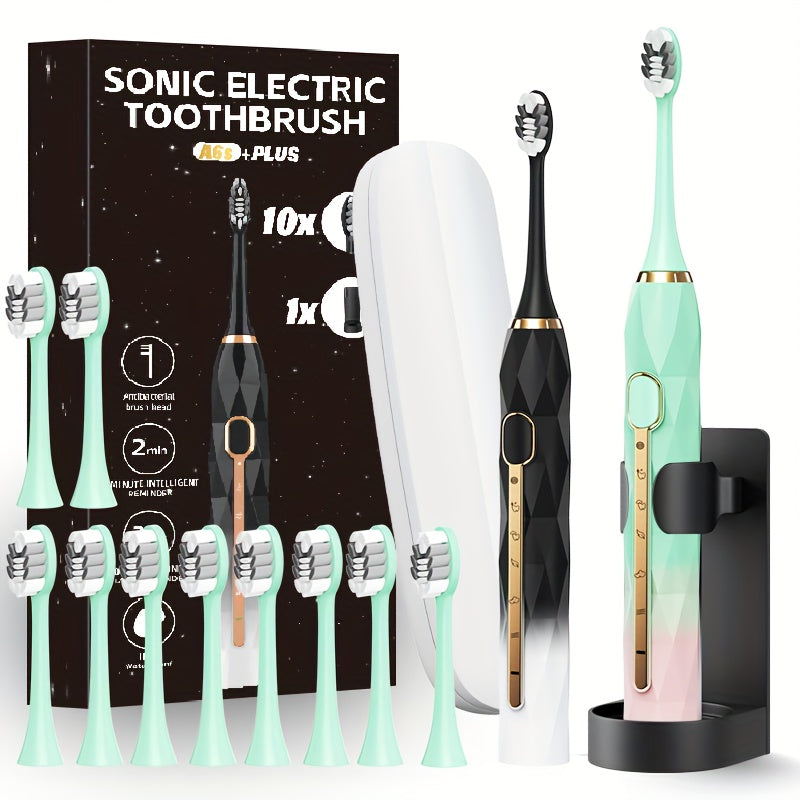 IPX8 Acoustic Electric Toothbrush USB Rechargeable Couple Rechargeable Metal Shaft Adult for Man And Woman Rechargeable Toothbrush Intelligent Timer 10 Replaceable Toothbrush Heads 5 Colors A Toothbrush Base A Portable Case