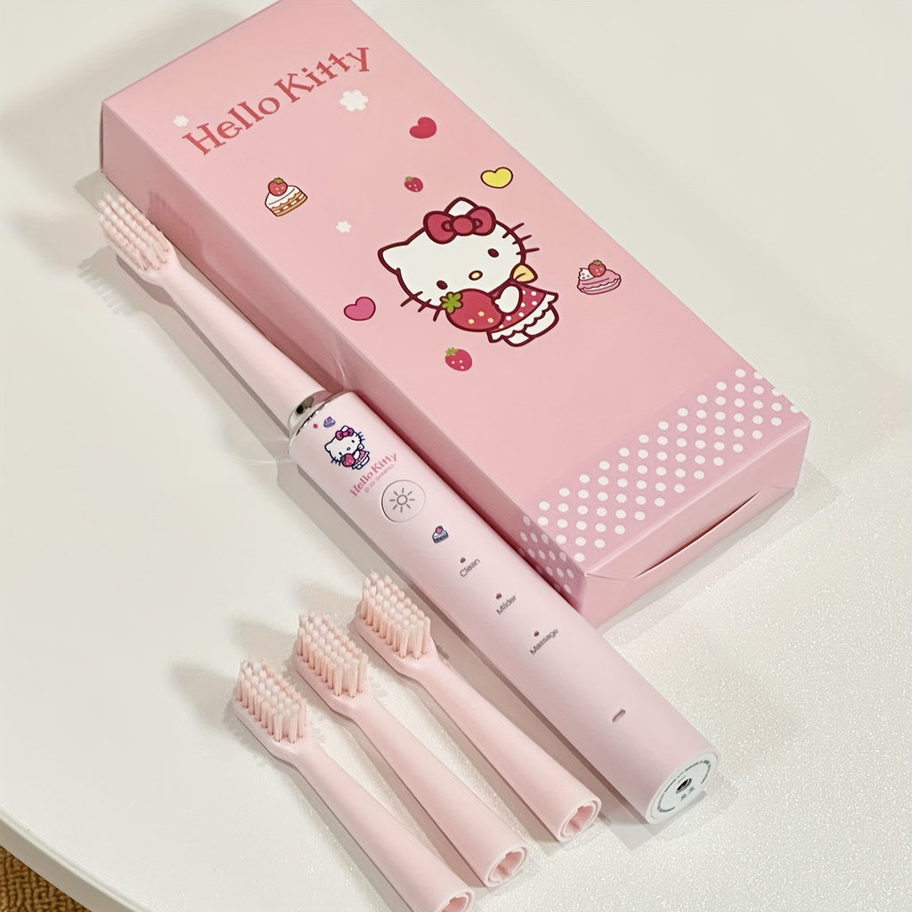 Sanrio Hellokitty Electric Toothbrush, 3 Replacement Brush Heads, 4 Cleaning Modes and 4 Intensity Levels, 2-Minute Timed Portable Packaging, Cute Design Suitable for Adult Girls' Birthday, Graduation, Christmas Gift
