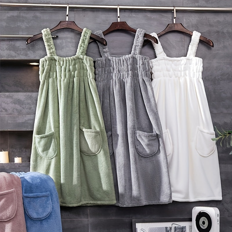 2pcs of Wearable Bath Towel And Hair Dry Cap Set, Adult Coral Velvet Shower Skirt, Suction Bathrobe with Pockets, Bath Towel with Hair Towel, Bathroom Supplies