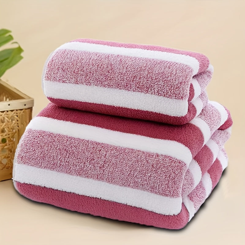 Set of 2 Striped Towels, Including a Beach Towel, a Soft Hand Towel, And a , Designed for Quick Drying And High Absorbency, Available in 5 Colors for Bathroom Use