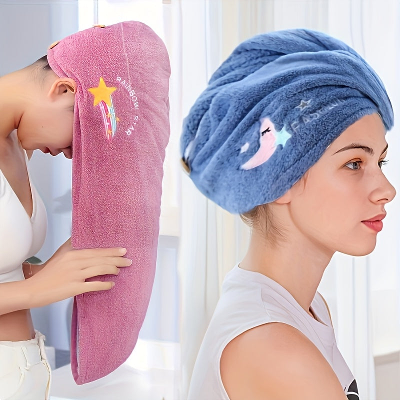 & Quick-Dry Microfiber Towel Suitable for Dry Wet Hair - Soft Coral Fleece Shower Cap with Stars & Rainbow Embellishment, Absorbent Hair Towel for Curly\u002FNormal Hair Types