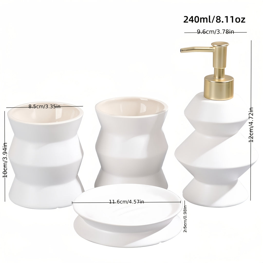 4pcs Modern Ceramic Bathroom Set with Drainable Soap Dispenser & Gargle Cups - Ceramic Bottles Suitable for Shower, Bathtub, Vanity - Elegant Bath Decor Gift Set