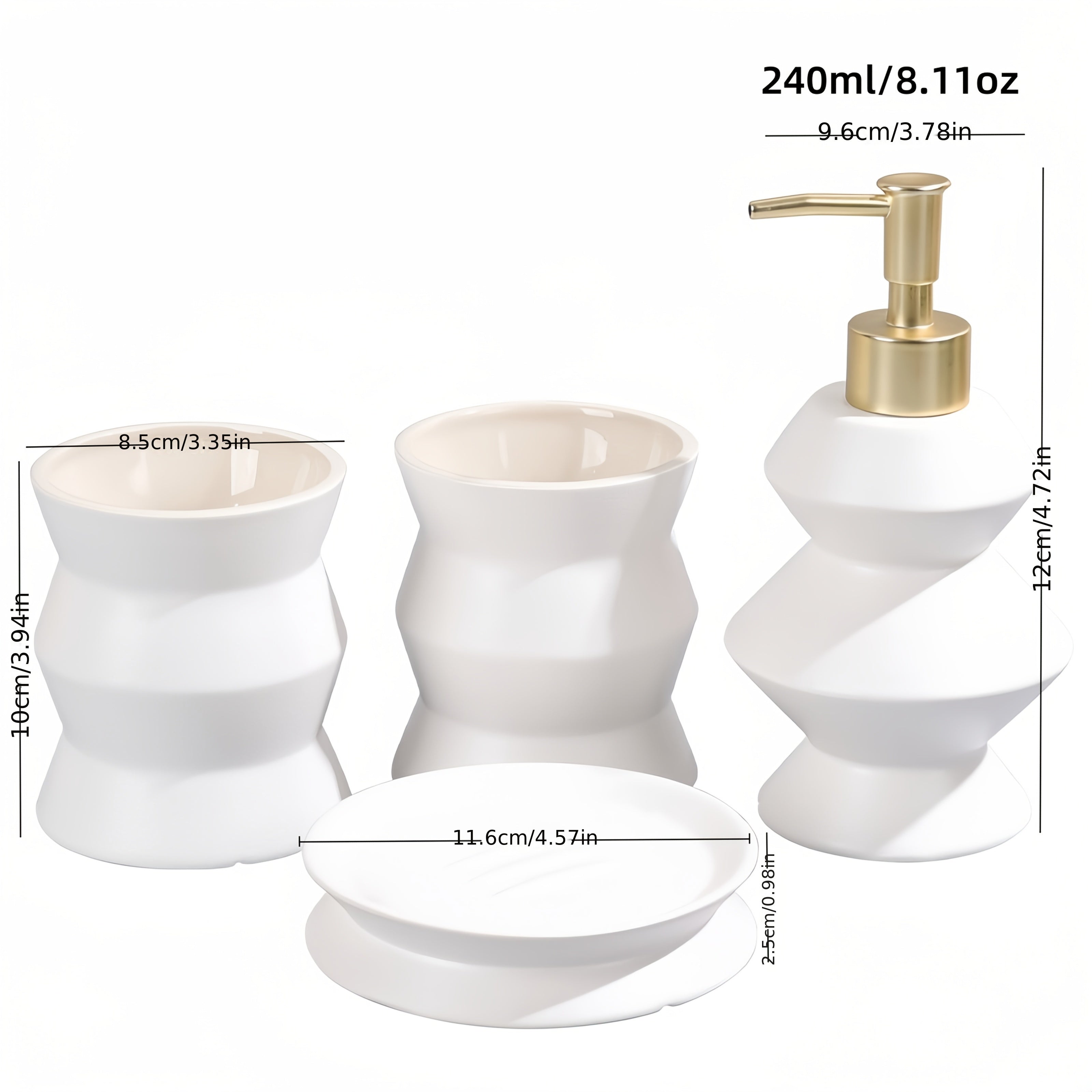 4pcs Modern Ceramic Bathroom Set with Drainable Soap Dispenser & Gargle Cups - Ceramic Bottles Suitable for Shower, Bathtub, Vanity - Elegant Bath Decor Gift Set