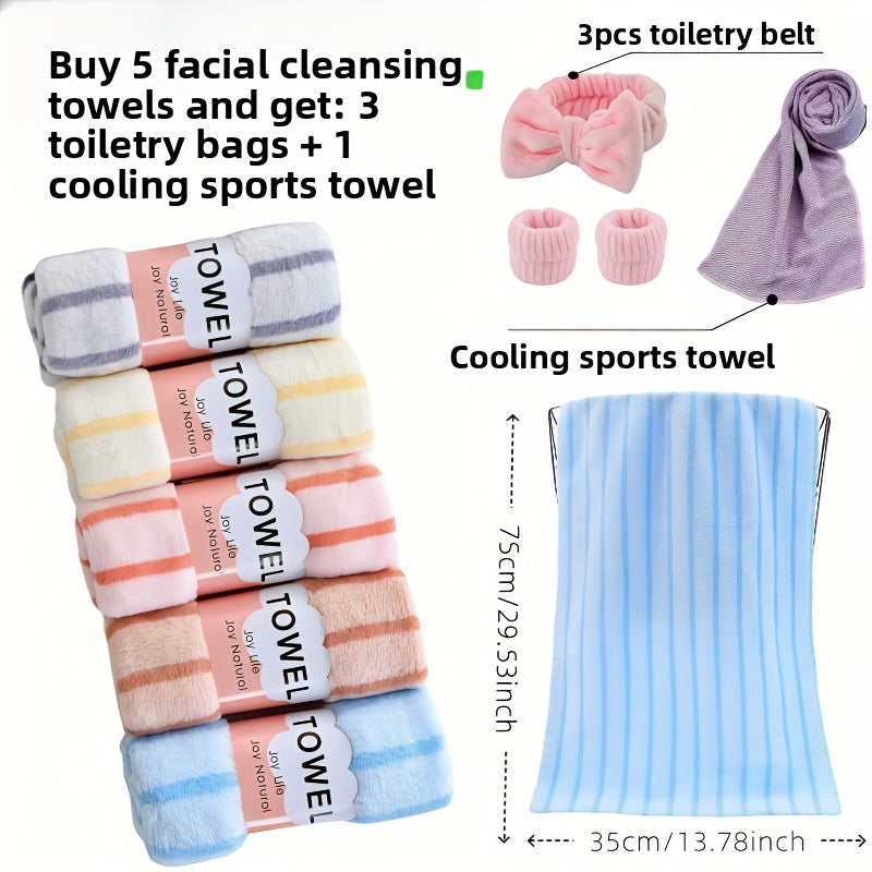5-Pack Ultra-Soft Coral Fleece Towels Suitable for - Thickened Absorbent Bath & Face Towels with Color-Coded Strips (5 Colors), Rectangular for, Spa, & Sensitive Skin