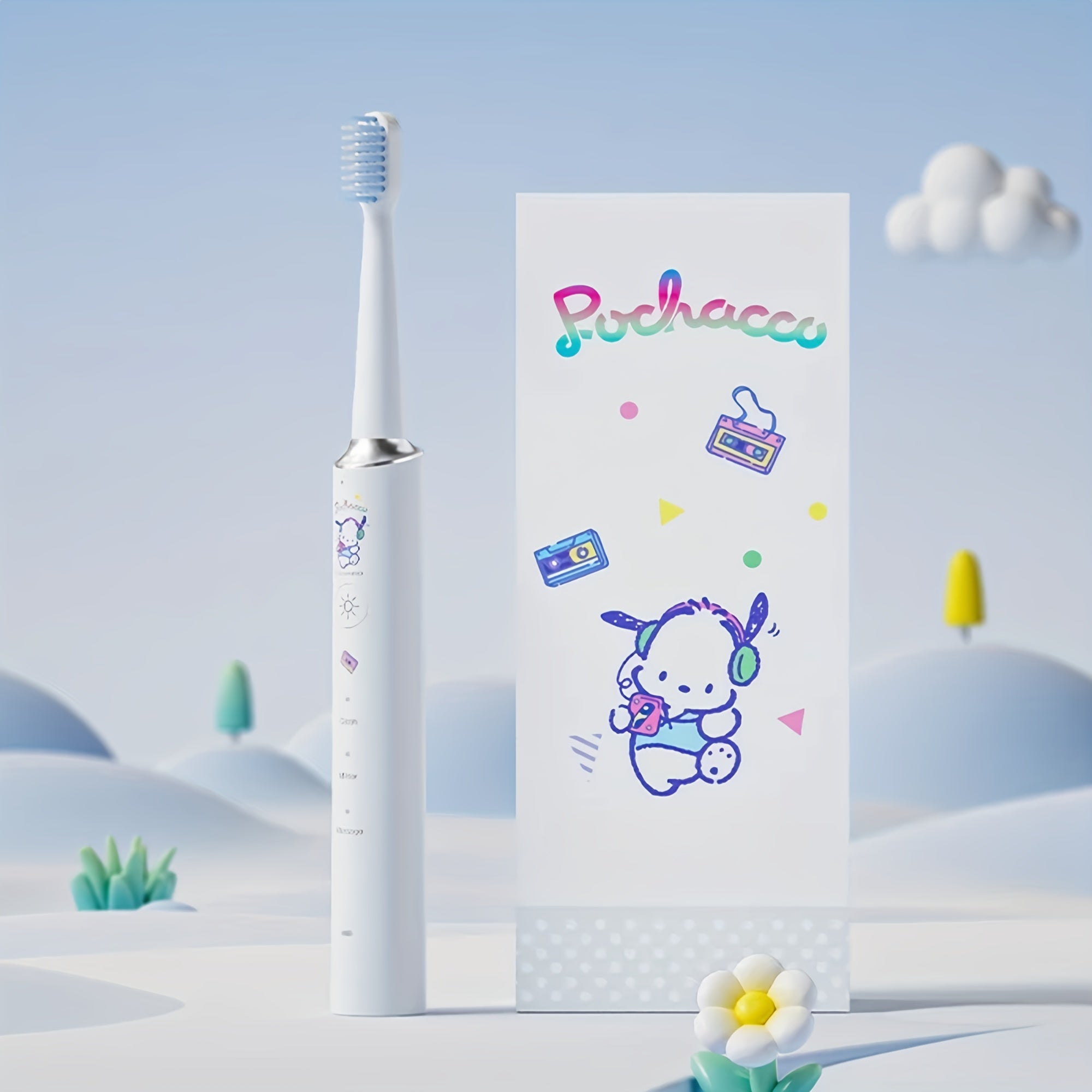 Sanrio Hellokitty Electric Toothbrush, 3 Replacement Brush Heads, 4 Cleaning Modes and 4 Intensity Levels, 2-Minute Timed Portable Packaging, Cute Design Suitable for Adult Girls' Birthday, Graduation, Christmas Gift