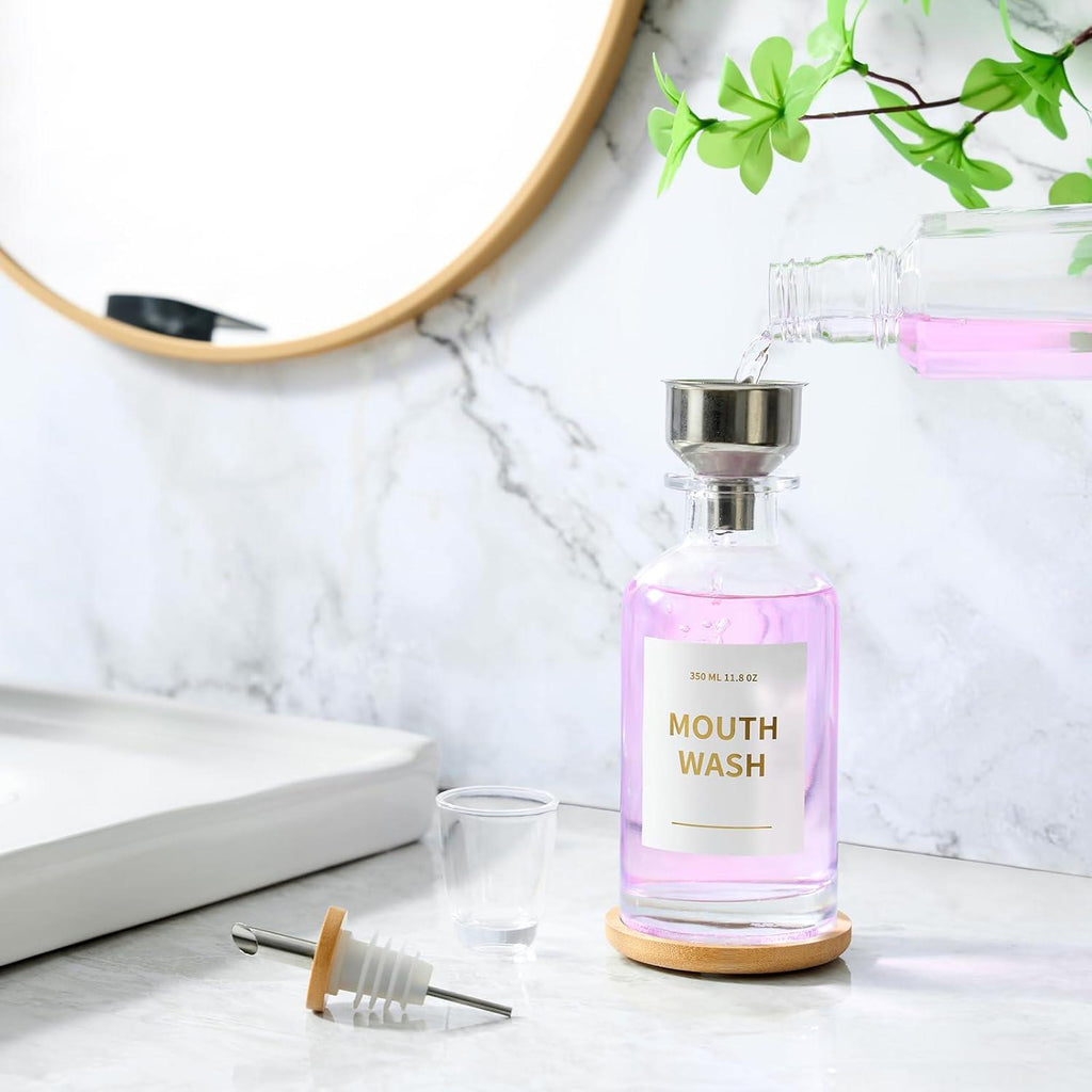 Glass Mouthwash Dispenser for Bathroom, 11 8oz Mouthwash Holder with Stianless Steel Spouts, Mouthwash Decanter with Holder, Refillable Cups, Reusable Funnel, Golden Stickers