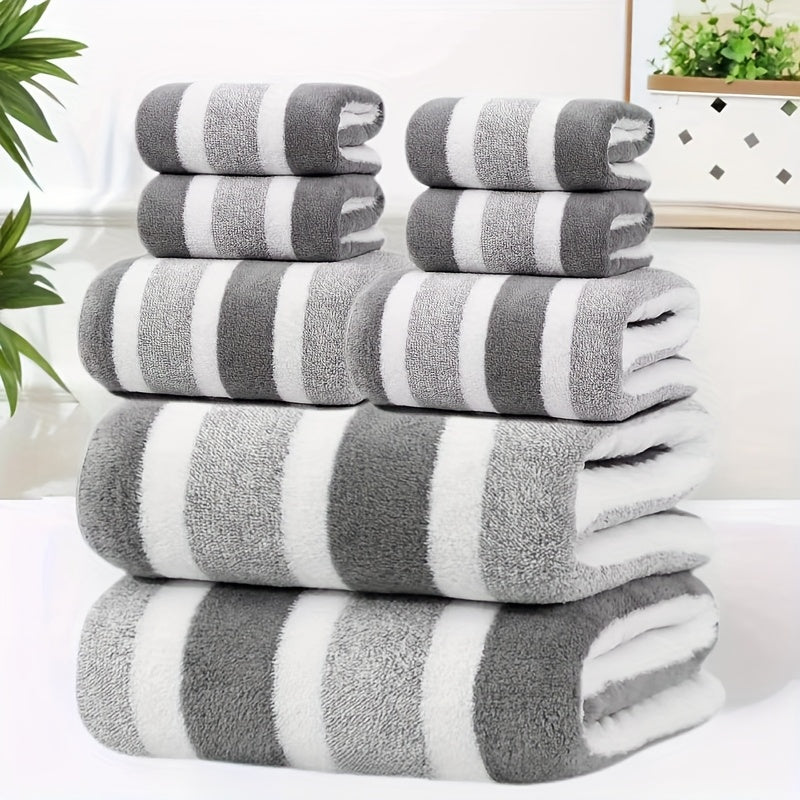 8pcs set, no hair loss, super absorbent, super soft two-color striped interval bath towel combination, including 2 large bath towels, 2 large face towels, 4 hand towels