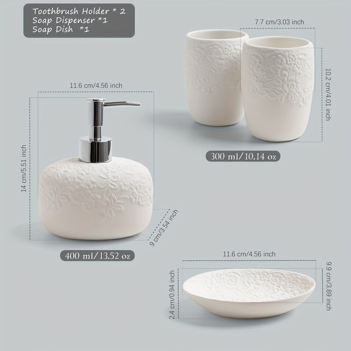 Embossed 4pcs Ceramic Bathroom Set In Gloss WhiteIncludes: 13.5oz Soap Dispenser, Dual Toothbrush Holders, Soap Dish & 2 Glass TumblersSleek & Hygienic Home Decor Accessories (Gift Hamper)Perfect for Gifting: Housewarming & Christmas Present Ready
