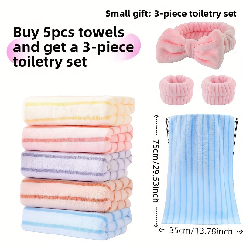 5-Pack Ultra-Soft Coral Fleece Towels Suitable for - Thickened Absorbent Bath & Face Towels with Color-Coded Strips (5 Colors), Rectangular for, Spa, & Sensitive Skin