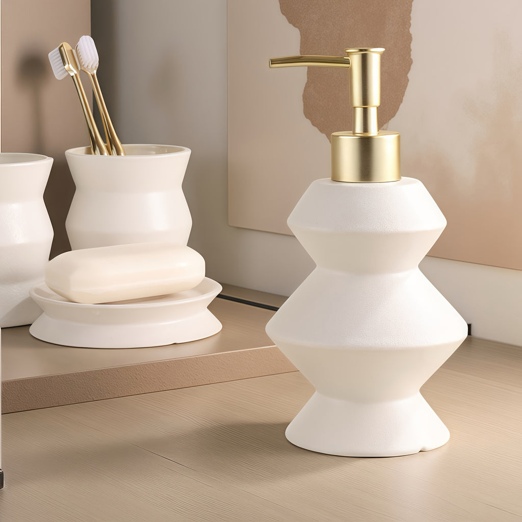 4pcs Modern Ceramic Bathroom Set with Drainable Soap Dispenser & Gargle Cups - Ceramic Bottles Suitable for Shower, Bathtub, Vanity - Elegant Bath Decor Gift Set