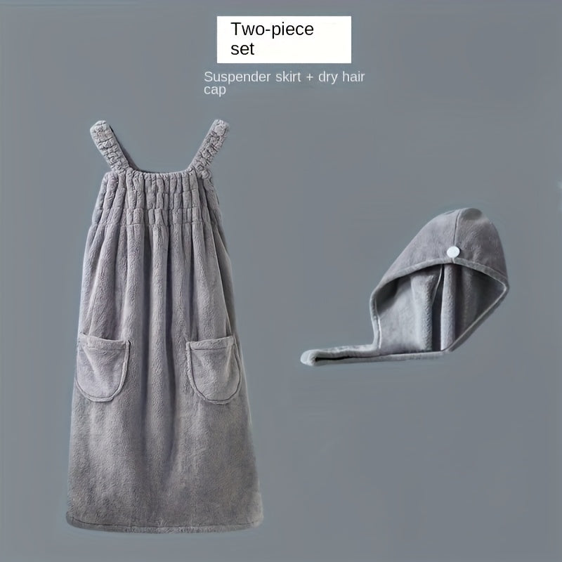 2pcs of Wearable Bath Towel And Hair Dry Cap Set, Adult Coral Velvet Shower Skirt, Suction Bathrobe with Pockets, Bath Towel with Hair Towel, Bathroom Supplies