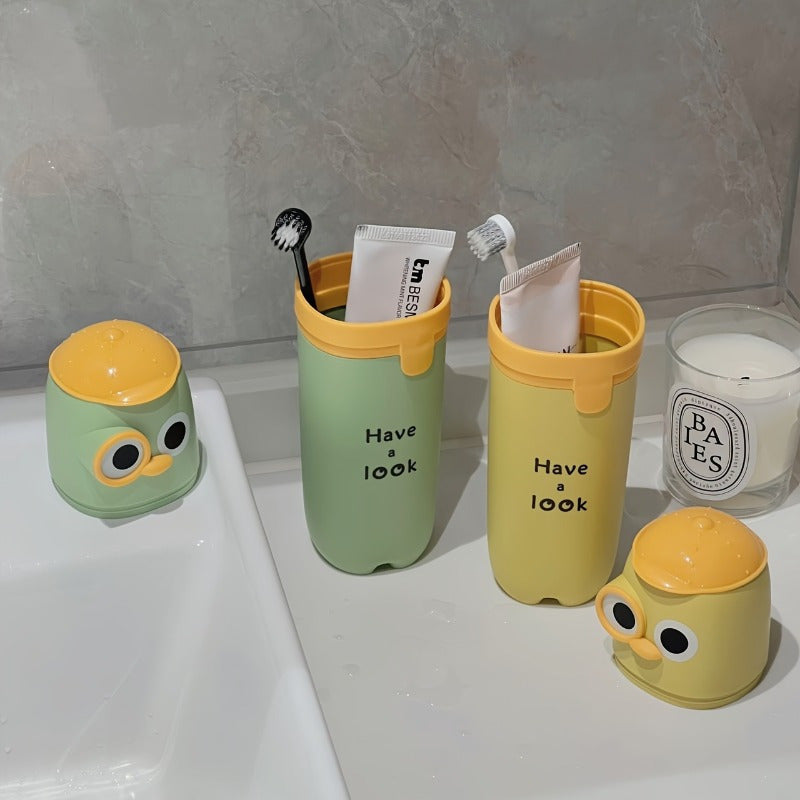 1-Pack Portable Toothbrush & Travel Essentials Organizer Case with Cute Owl Design - Durable Plastic Mint Green & Yellow Hygienic Storage Box for Toothpaste, Mouthwash Cup - Travel-Friendly Personal Care Accessory, Toothbrush Holder