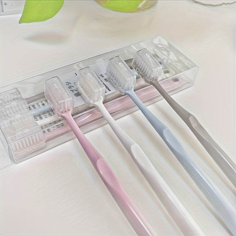 Set of Four Japanese Toothbrushes Featuring Soft Bristles And Protective Cases, Designed for Easy Travel. They Are Gentle on Sensitive Teeth And Gums, Available in Pink, Blue, White, And Beige