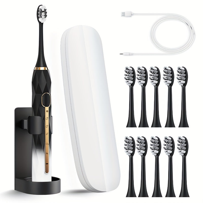IPX8 Acoustic Electric Toothbrush USB Rechargeable Couple Rechargeable Metal Shaft Adult for Man And Woman Rechargeable Toothbrush Intelligent Timer 10 Replaceable Toothbrush Heads 5 Colors A Toothbrush Base A Portable Case