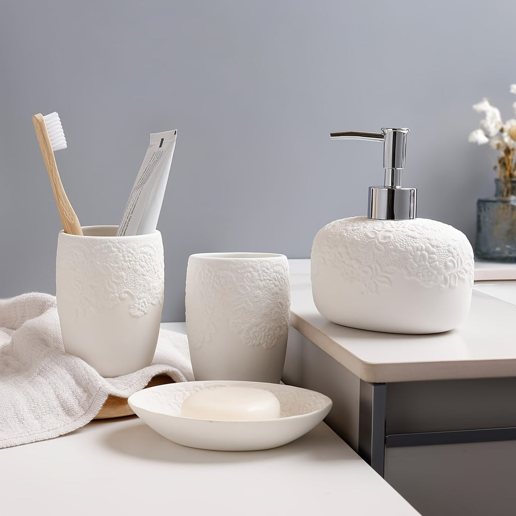 Embossed 4pcs Ceramic Bathroom Set In Gloss WhiteIncludes: 13.5oz Soap Dispenser, Dual Toothbrush Holders, Soap Dish & 2 Glass TumblersSleek & Hygienic Home Decor Accessories (Gift Hamper)Perfect for Gifting: Housewarming & Christmas Present Ready