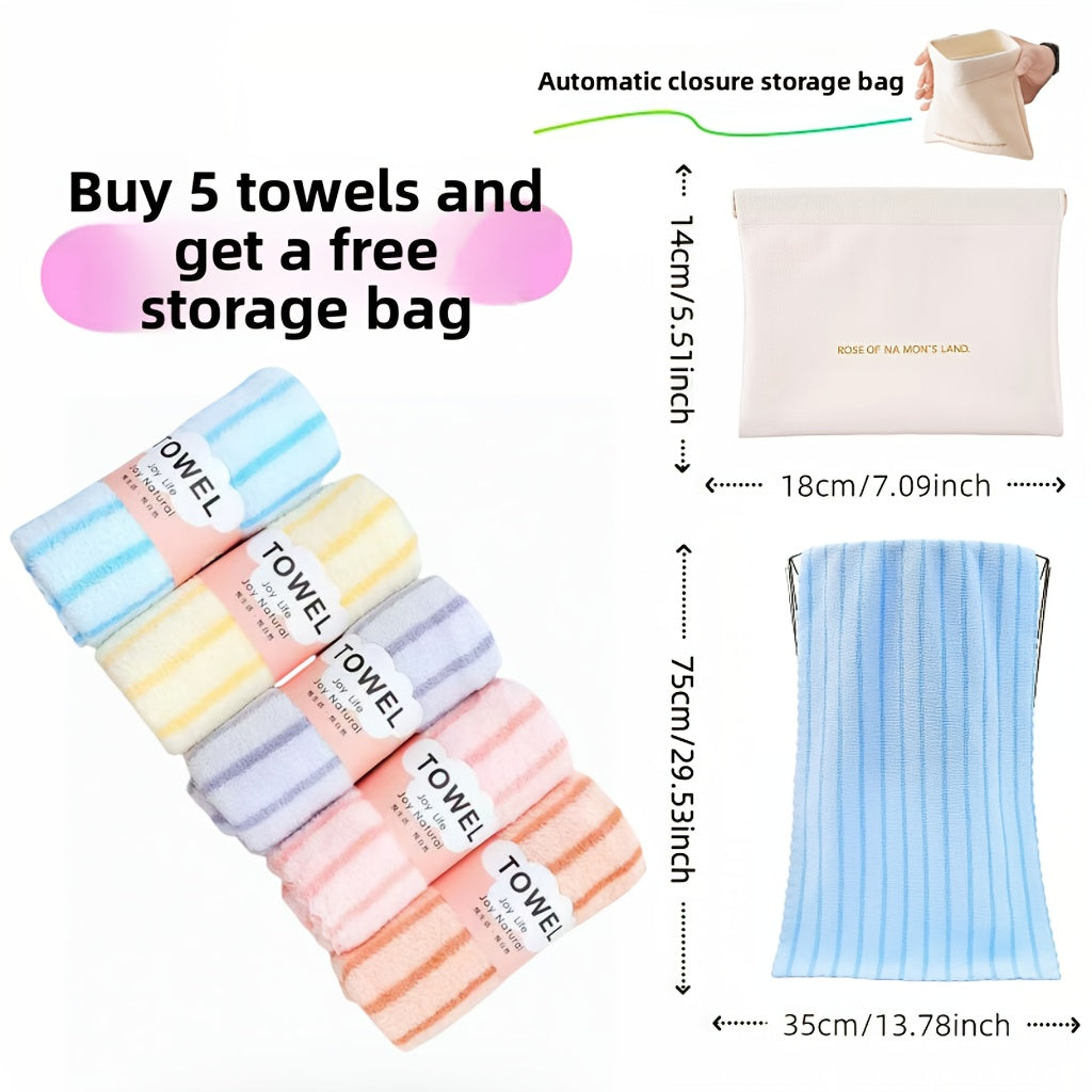 5-Pack Ultra-Soft Coral Fleece Towels Suitable for - Thickened Absorbent Bath & Face Towels with Color-Coded Strips (5 Colors), Rectangular for, Spa, & Sensitive Skin