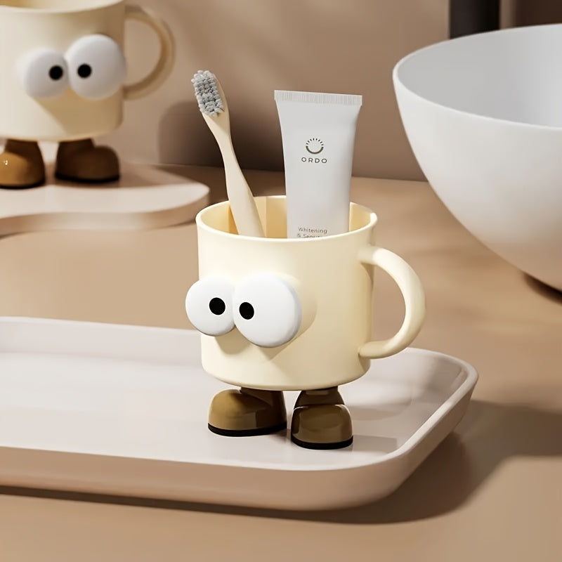 Cute Cartoon Character Toothbrush Holder & Mouthwash Cup with Handle - Durable Plastic Bathroom Organizer, Easy to Clean, Adorable Smiling Face Design with Expressive Eyes, Space-Saving for Couples, Dorm, Travel - Hygienic Storage for Toothbrushes &