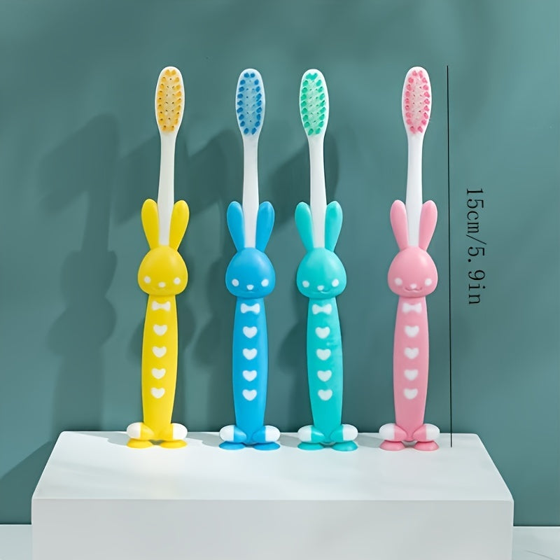 Four Cartoon Bear And Rabbit Toothbrushes, Featuring Soft Bristles And a Portable Design, with a Cute Small in Four Macaron Colors