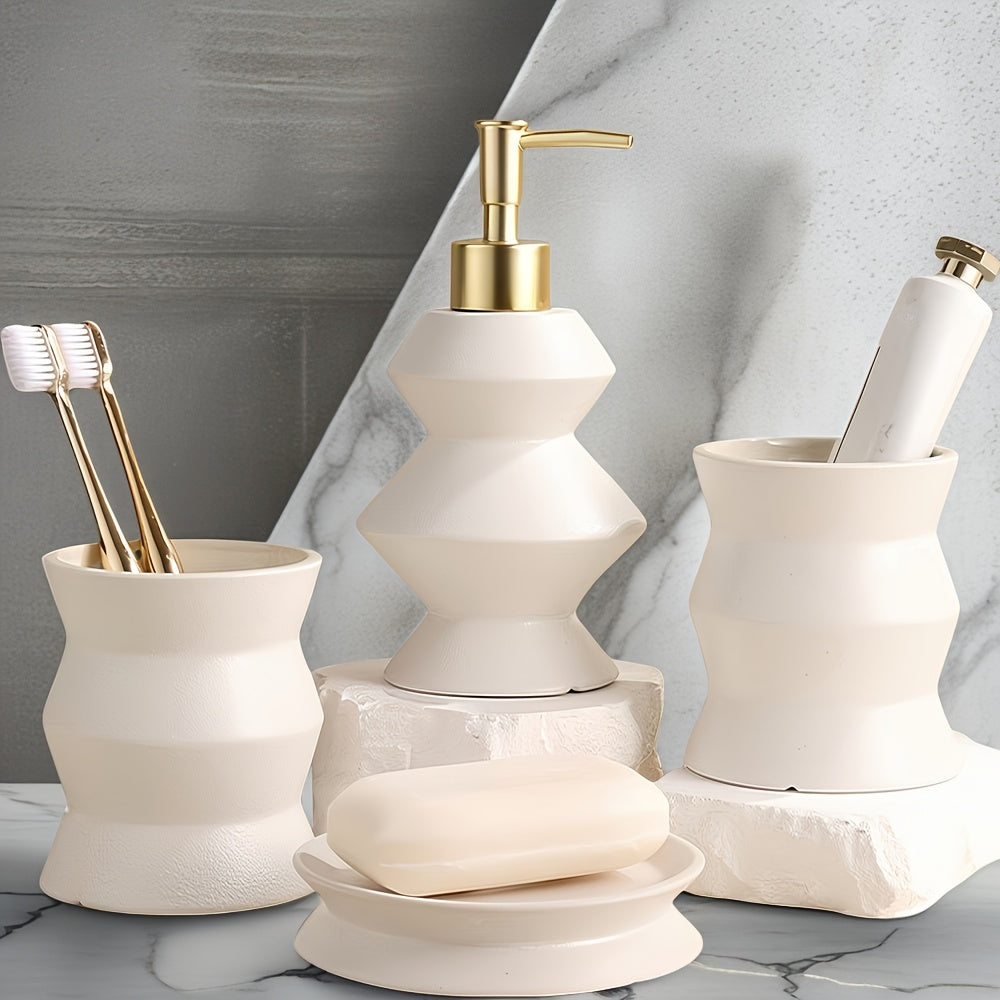4pcs Modern Ceramic Bathroom Set with Drainable Soap Dispenser & Gargle Cups - Ceramic Bottles Suitable for Shower, Bathtub, Vanity - Elegant Bath Decor Gift Set