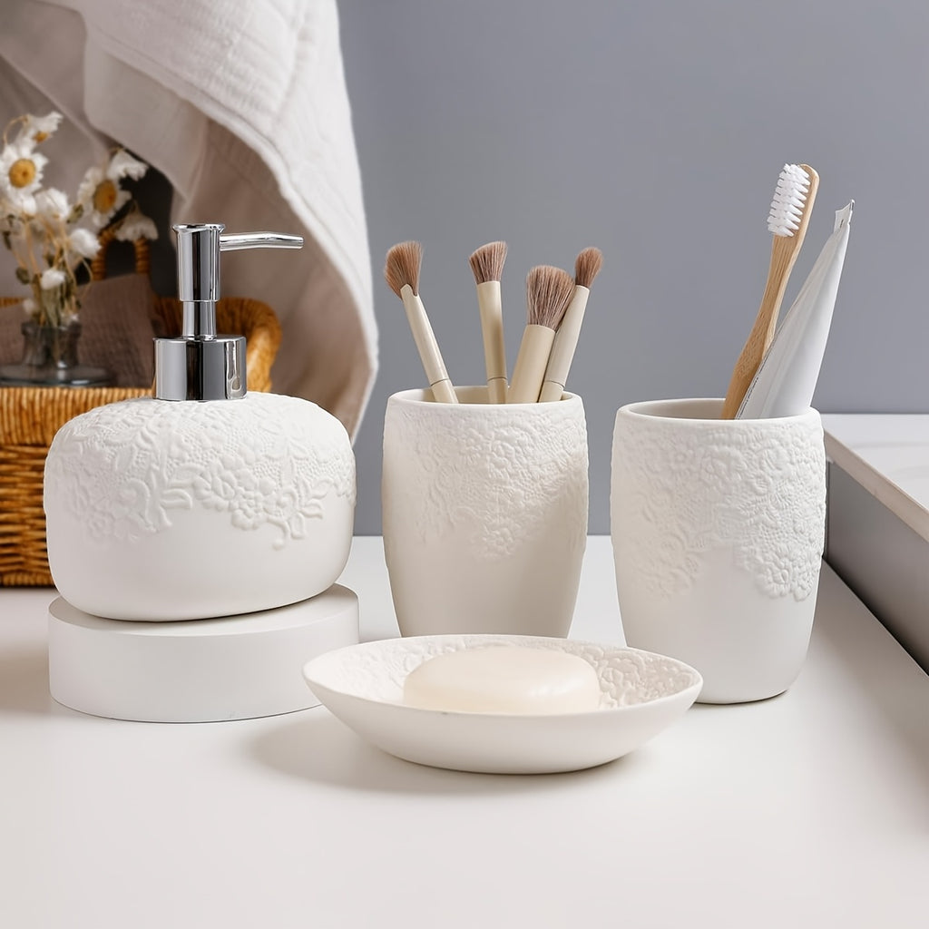 Embossed 4pcs Ceramic Bathroom Set In Gloss WhiteIncludes: 13.5oz Soap Dispenser, Dual Toothbrush Holders, Soap Dish & 2 Glass TumblersSleek & Hygienic Home Decor Accessories (Gift Hamper)Perfect for Gifting: Housewarming & Christmas Present Ready