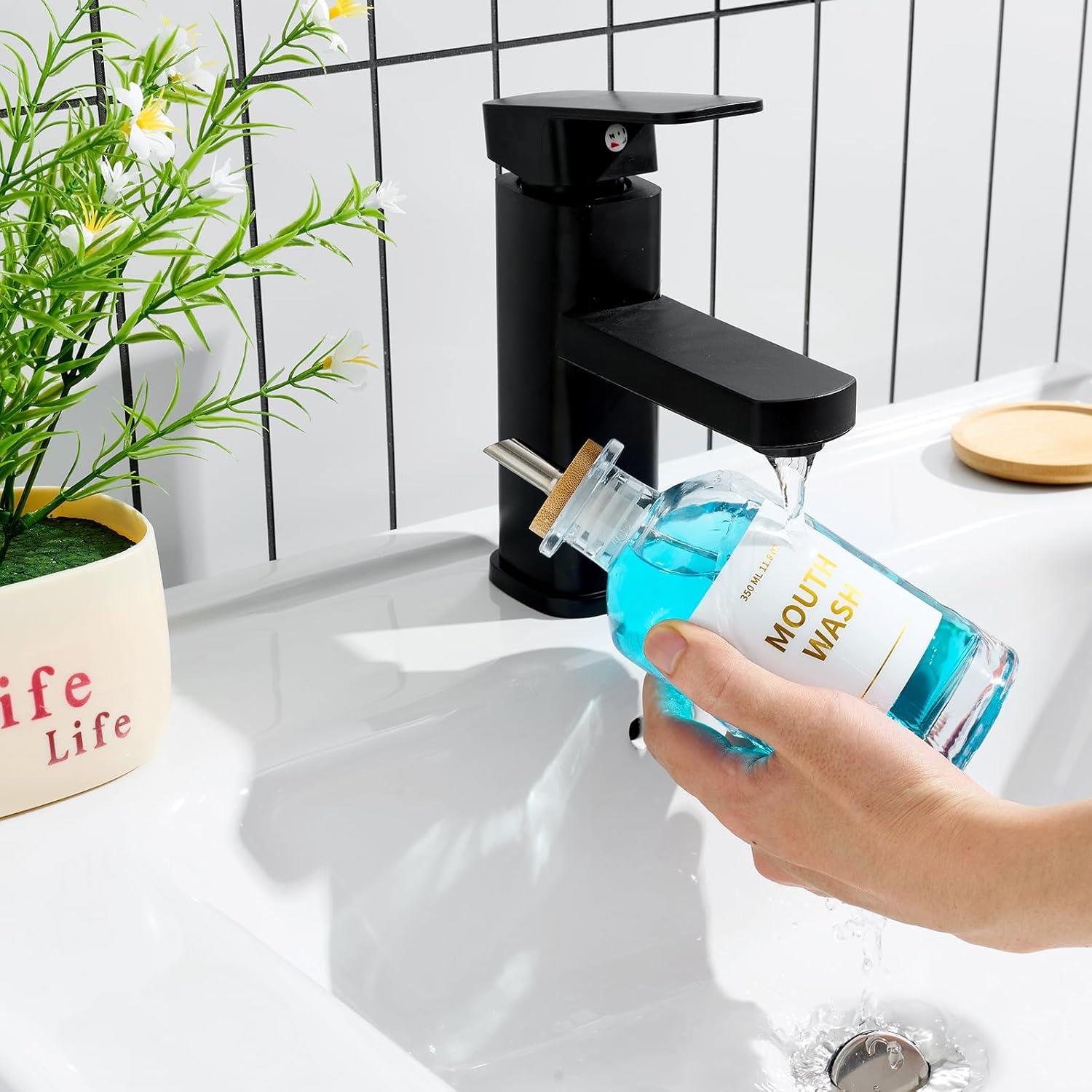 Glass Mouthwash Dispenser for Bathroom, 11 8oz Mouthwash Holder with Stianless Steel Spouts, Mouthwash Decanter with Holder, Refillable Cups, Reusable Funnel, Golden Stickers