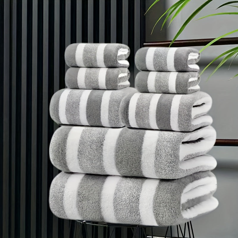 8pcs set, no hair loss, super absorbent, super soft two-color striped interval bath towel combination, including 2 large bath towels, 2 large face towels, 4 hand towels