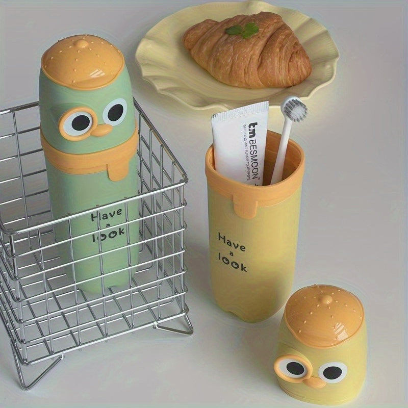 1-Pack Portable Toothbrush & Travel Essentials Organizer Case with Cute Owl Design - Durable Plastic Mint Green & Yellow Hygienic Storage Box for Toothpaste, Mouthwash Cup - Travel-Friendly Personal Care Accessory, Toothbrush Holder