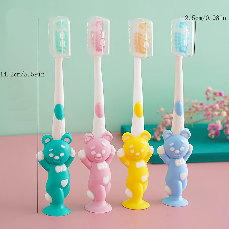 Four Cartoon Bear And Rabbit Toothbrushes, Featuring Soft Bristles And a Portable Design, with a Cute Small in Four Macaron Colors