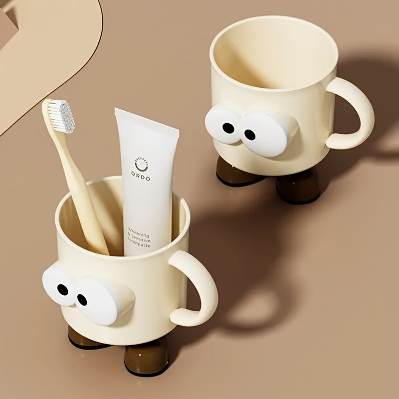 Cute Cartoon Character Toothbrush Holder & Mouthwash Cup with Handle - Durable Plastic Bathroom Organizer, Easy to Clean, Adorable Smiling Face Design with Expressive Eyes, Space-Saving for Couples, Dorm, Travel - Hygienic Storage for Toothbrushes &