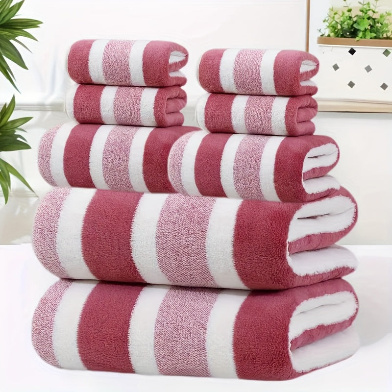 8pcs set, no hair loss, super absorbent, super soft two-color striped interval bath towel combination, including 2 large bath towels, 2 large face towels, 4 hand towels