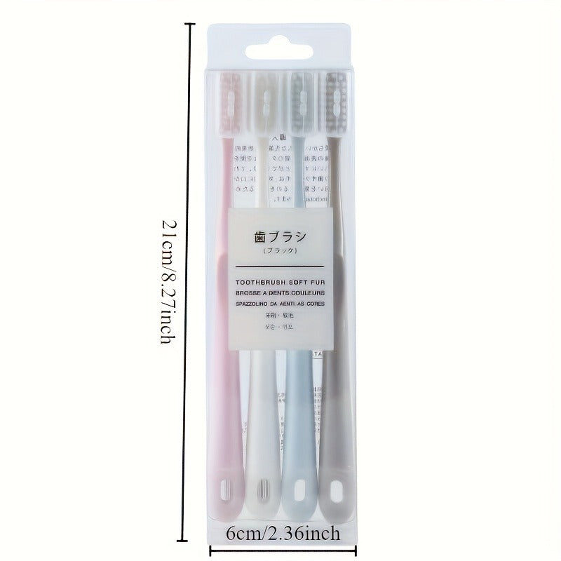 Set of Four Japanese Toothbrushes Featuring Soft Bristles And Protective Cases, Designed for Easy Travel. They Are Gentle on Sensitive Teeth And Gums, Available in Pink, Blue, White, And Beige