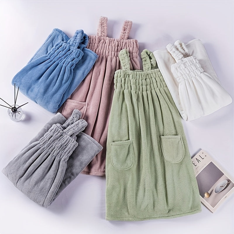 2pcs of Wearable Bath Towel And Hair Dry Cap Set, Adult Coral Velvet Shower Skirt, Suction Bathrobe with Pockets, Bath Towel with Hair Towel, Bathroom Supplies