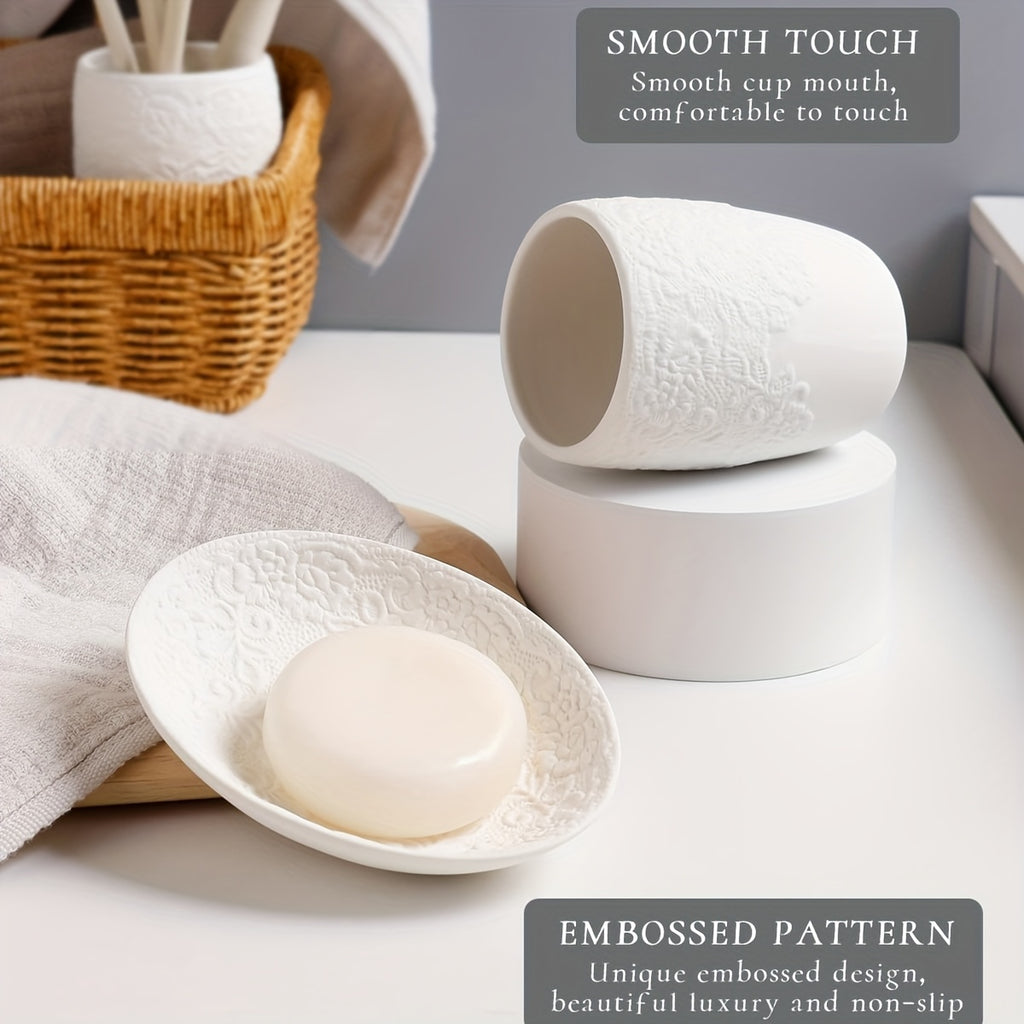 Embossed 4pcs Ceramic Bathroom Set In Gloss WhiteIncludes: 13.5oz Soap Dispenser, Dual Toothbrush Holders, Soap Dish & 2 Glass TumblersSleek & Hygienic Home Decor Accessories (Gift Hamper)Perfect for Gifting: Housewarming & Christmas Present Ready