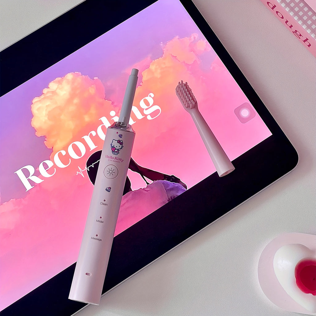 Sanrio Hellokitty Electric Toothbrush, 3 Replacement Brush Heads, 4 Cleaning Modes and 4 Intensity Levels, 2-Minute Timed Portable Packaging, Cute Design Suitable for Adult Girls' Birthday, Graduation, Christmas Gift