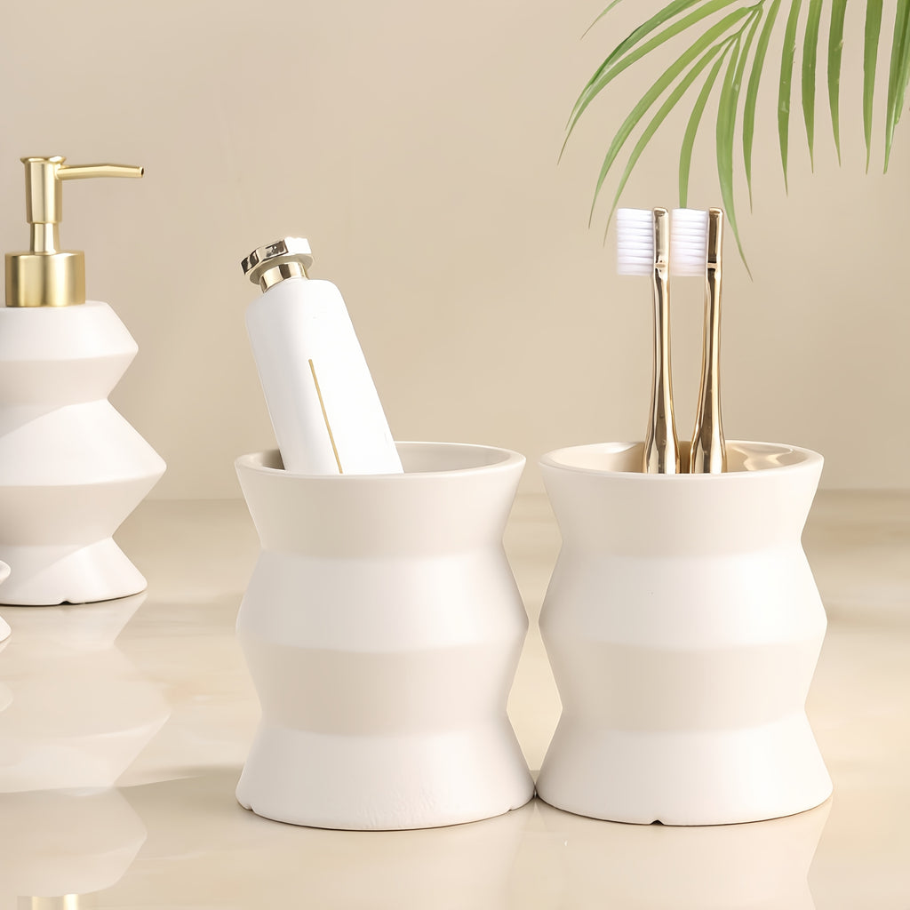 4pcs Modern Ceramic Bathroom Set with Drainable Soap Dispenser & Gargle Cups - Ceramic Bottles Suitable for Shower, Bathtub, Vanity - Elegant Bath Decor Gift Set