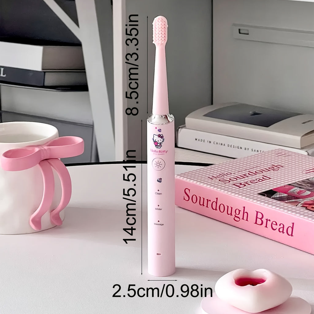 Sanrio Hellokitty Electric Toothbrush, 3 Replacement Brush Heads, 4 Cleaning Modes and 4 Intensity Levels, 2-Minute Timed Portable Packaging, Cute Design Suitable for Adult Girls' Birthday, Graduation, Christmas Gift