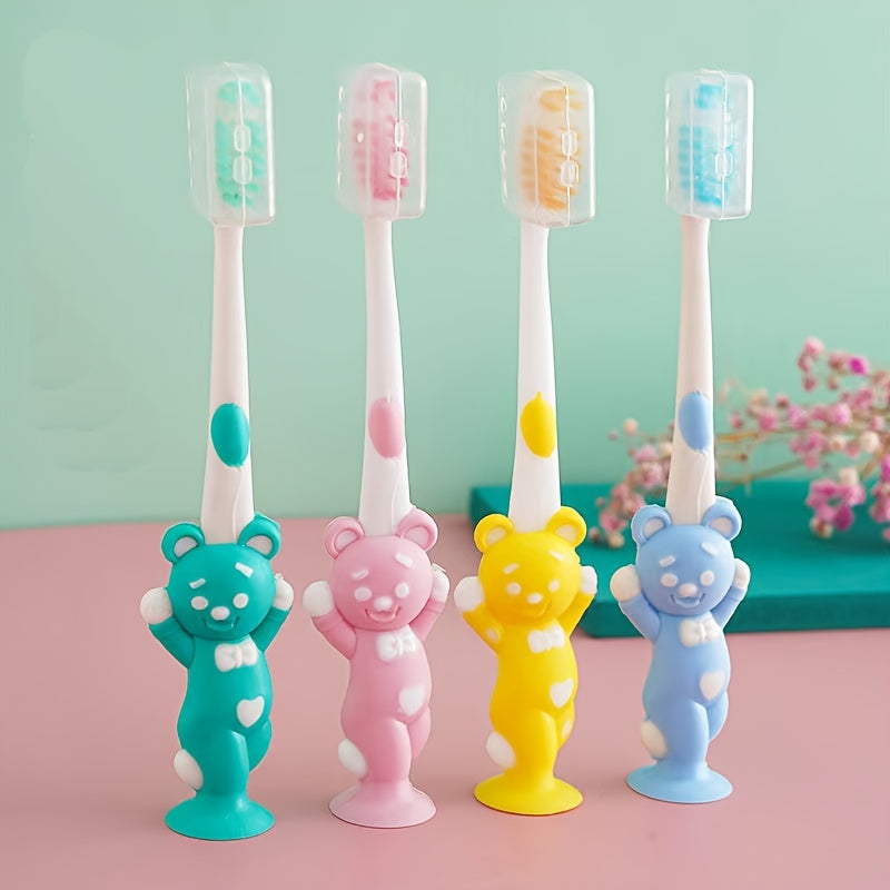 Four Cartoon Bear And Rabbit Toothbrushes, Featuring Soft Bristles And a Portable Design, with a Cute Small in Four Macaron Colors