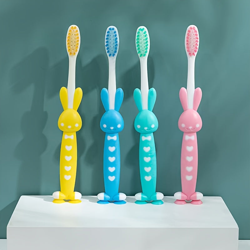 Four Cartoon Bear And Rabbit Toothbrushes, Featuring Soft Bristles And a Portable Design, with a Cute Small in Four Macaron Colors