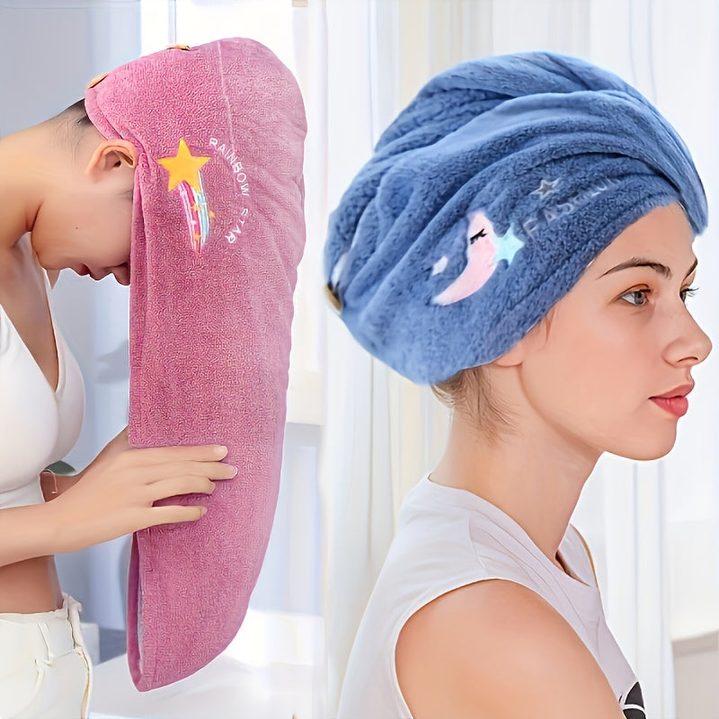 & Quick-Dry Microfiber Towel Suitable for Dry Wet Hair - Soft Coral Fleece Shower Cap with Stars & Rainbow Embellishment, Absorbent Hair Towel for Curly\u002FNormal Hair Types