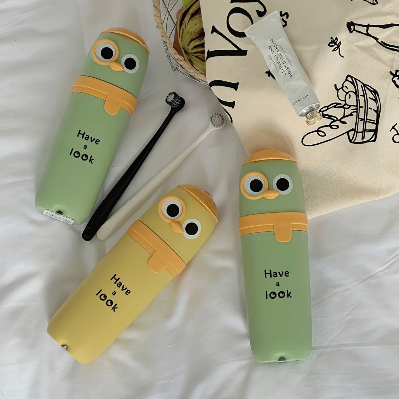 1-Pack Portable Toothbrush & Travel Essentials Organizer Case with Cute Owl Design - Durable Plastic Mint Green & Yellow Hygienic Storage Box for Toothpaste, Mouthwash Cup - Travel-Friendly Personal Care Accessory, Toothbrush Holder