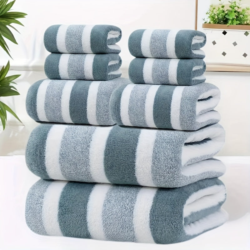 8pcs set, no hair loss, super absorbent, super soft two-color striped interval bath towel combination, including 2 large bath towels, 2 large face towels, 4 hand towels