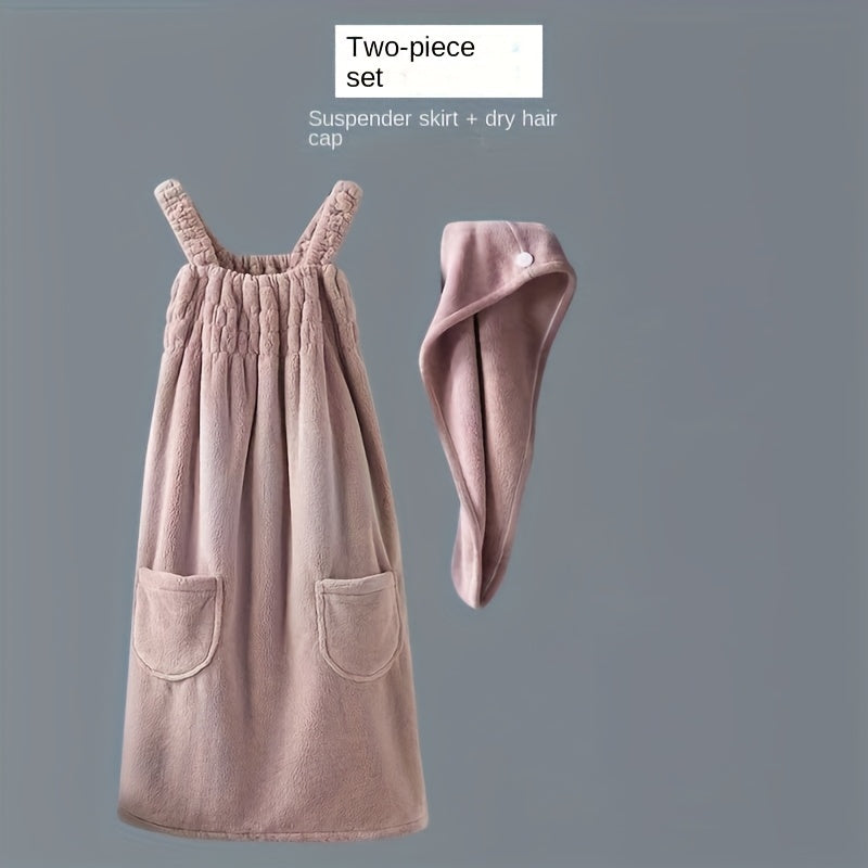 2pcs of Wearable Bath Towel And Hair Dry Cap Set, Adult Coral Velvet Shower Skirt, Suction Bathrobe with Pockets, Bath Towel with Hair Towel, Bathroom Supplies