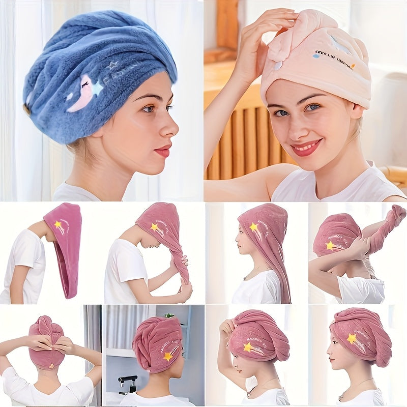 & Quick-Dry Microfiber Towel Suitable for Dry Wet Hair - Soft Coral Fleece Shower Cap with Stars & Rainbow Embellishment, Absorbent Hair Towel for Curly\u002FNormal Hair Types