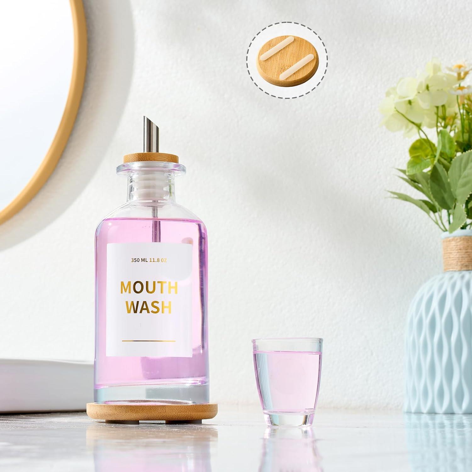 Glass Mouthwash Dispenser for Bathroom, 11 8oz Mouthwash Holder with Stianless Steel Spouts, Mouthwash Decanter with Holder, Refillable Cups, Reusable Funnel, Golden Stickers