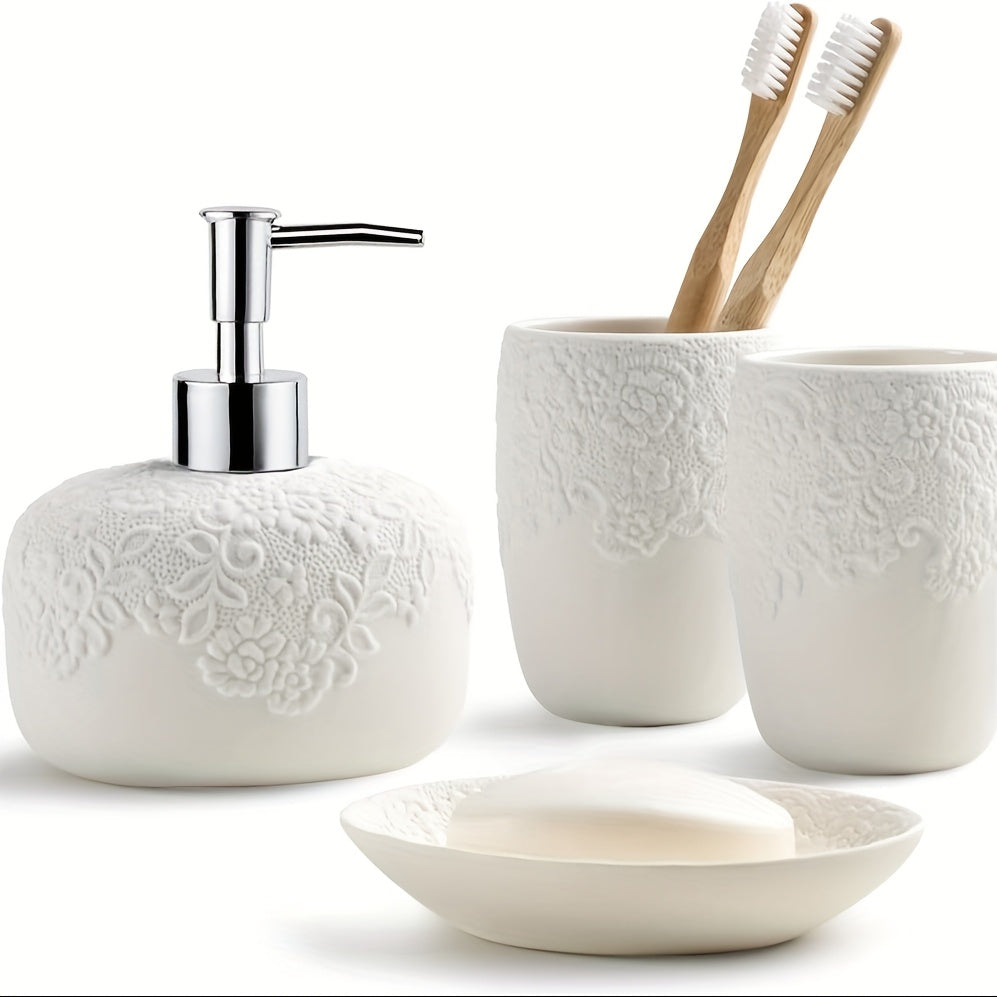 Embossed 4pcs Ceramic Bathroom Set In Gloss WhiteIncludes: 13.5oz Soap Dispenser, Dual Toothbrush Holders, Soap Dish & 2 Glass TumblersSleek & Hygienic Home Decor Accessories (Gift Hamper)Perfect for Gifting: Housewarming & Christmas Present Ready