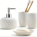 Embossed 4pcs Ceramic Bathroom Set In Gloss WhiteIncludes: 13.5oz Soap Dispenser, Dual Toothbrush Holders, Soap Dish & 2 Glass TumblersSleek & Hygienic Home Decor Accessories (Gift Hamper)Perfect for Gifting: Housewarming & Christmas Present Ready