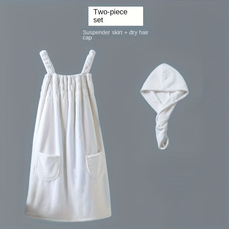 2pcs of Wearable Bath Towel And Hair Dry Cap Set, Adult Coral Velvet Shower Skirt, Suction Bathrobe with Pockets, Bath Towel with Hair Towel, Bathroom Supplies